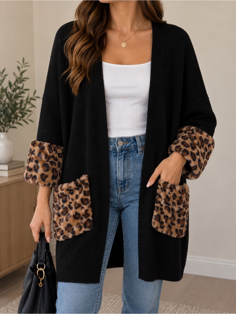 Cartise Black Leopard Faux Fur Trim Open-Front Cardigan Coat – Size Large